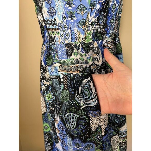 It's Pink Blue Green White Mixed Print Boho Mini Dress w Pockets Large - Picture 7 of 9